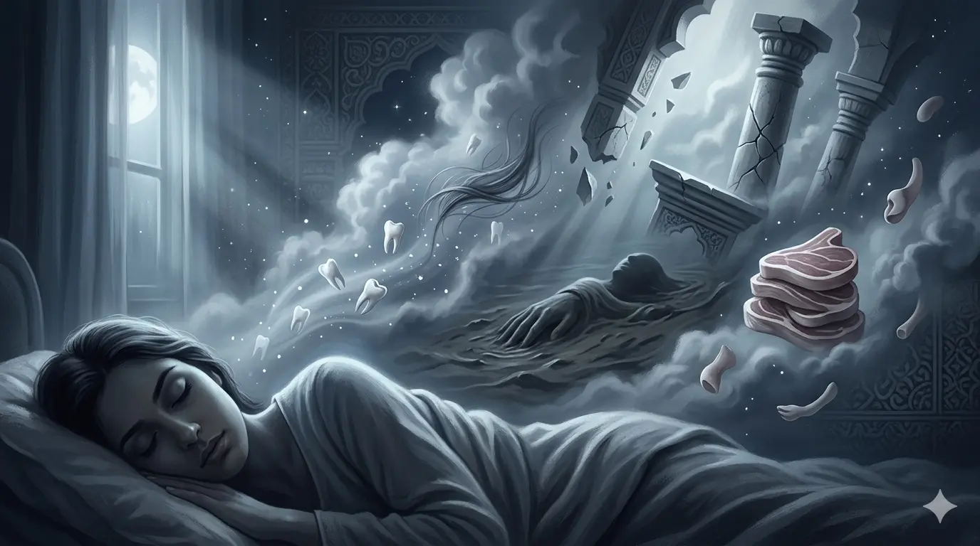 Dream of Losing Teeth or Hair, Sinking in Mud, Severed Body Parts, Excessive Meat Consumption, or Cracked Buildings