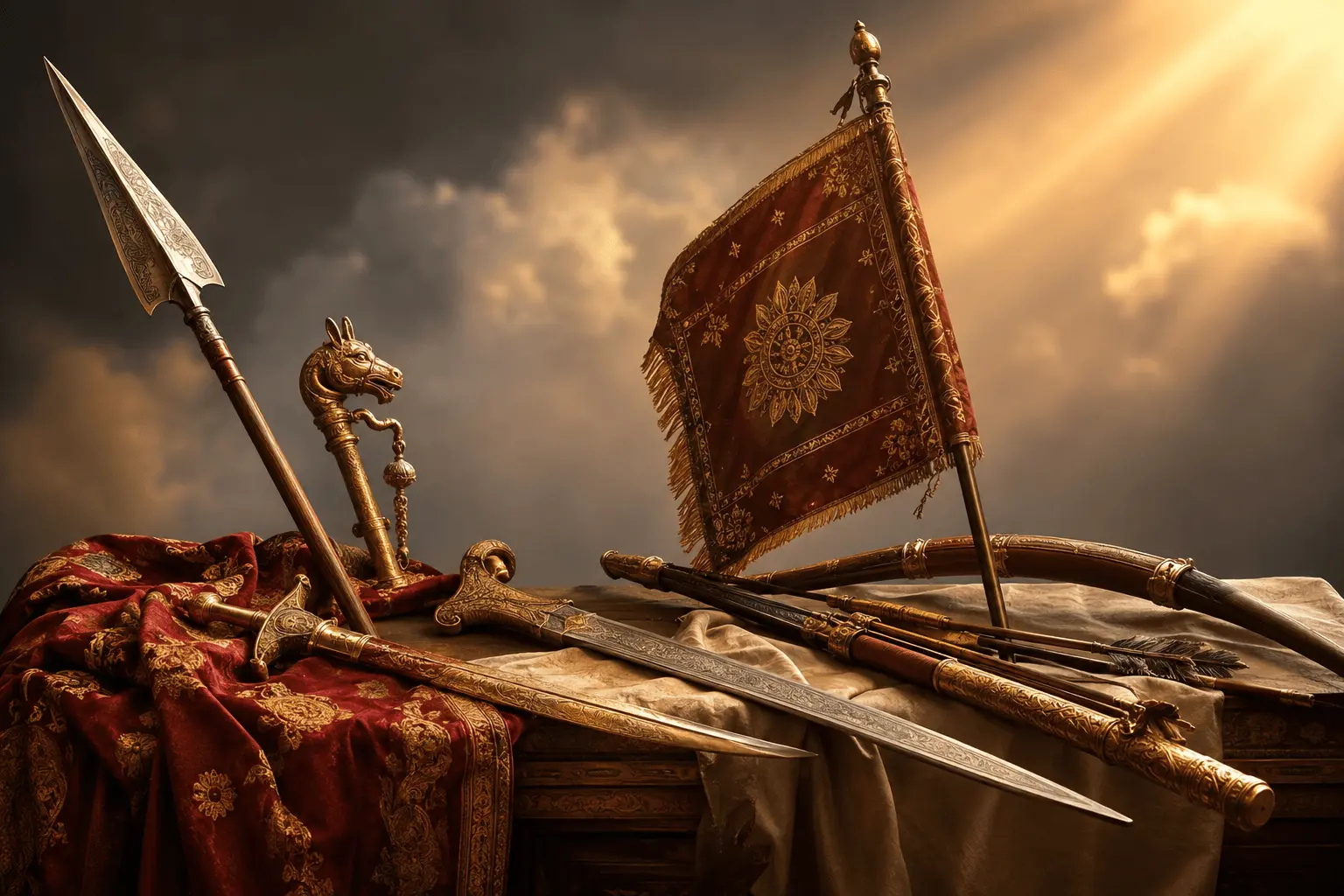 Home 3 Dream of Receiving Weapons Spear, Sword, Bow, Goad & Banner